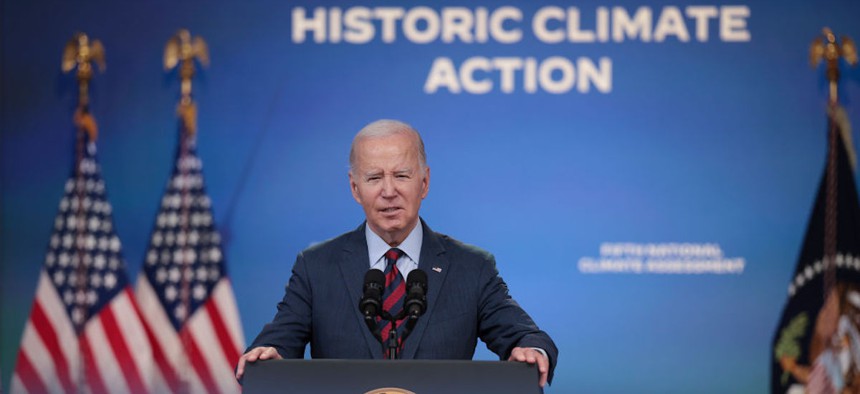 U.S. President Joe Biden delivers remarks during a climate event at the White House complex Nov.14, 2023, in Washington, D.C. Biden spoke on his administration’s efforts to address the global climate crisis and the Fifth National Climate Assessment.