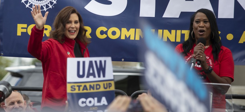 Democratic Michigan Gov. Gretchen Whitmer, left, spoke at a rally in support of United Auto Workers members as they were on strike this fall.