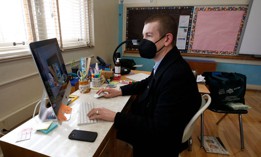 Teacher Kyle Baxendale interacts online with students from his classroom at West Hollywood Elementary School, which is part of the Los Angeles Unified School District. The district was a target of a ransomware attack last year, as schools in the U.S. are increasingly facing cyberattacks. 
