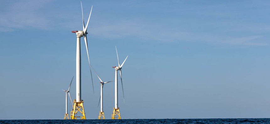 Wind turbines generate electricity at the Block Island Wind Farm on July 07, 2022 near Block Island, Rhode Island.