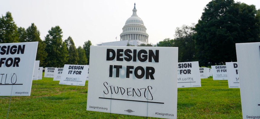 The youth-led coalition Design It For Us placed hundreds of signs on the U.S. Capitol lawn, calling on lawmakers to pass legislation requiring Big Tech to design online platforms for kids, teens, and young adults on July 17, 2023 in Washington, D.C.