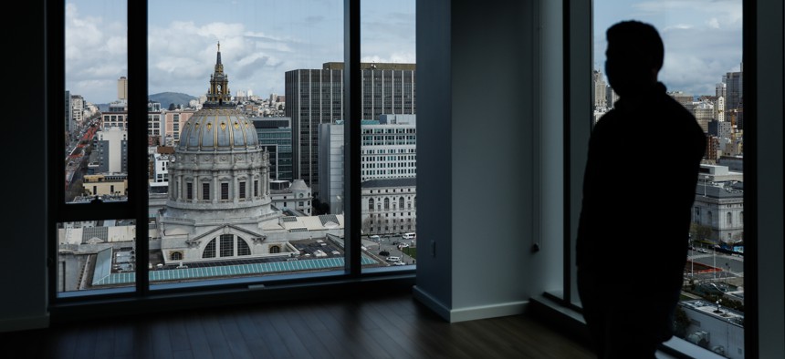 View from an apartment in a converted office building in San Francisco. Housing policies that support commercial-to-residential conversions are among those that have broad public support, new research shows. 