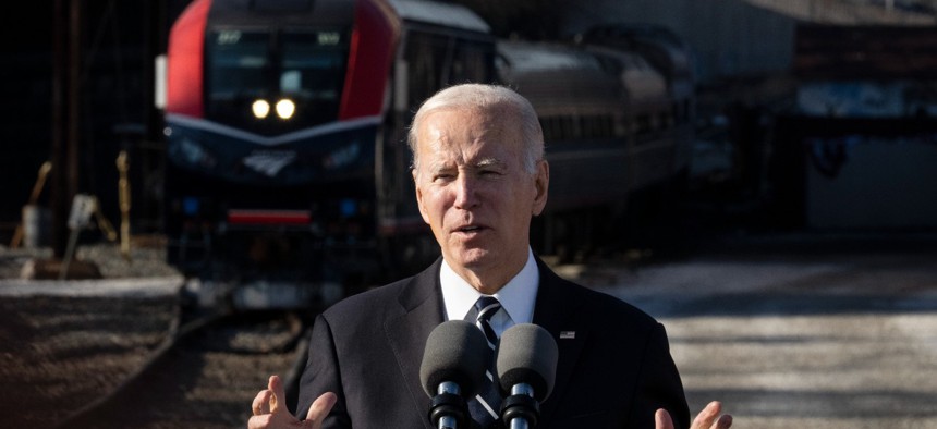President Joe Biden spoke early this year in Baltimore, Maryland, about upgrading rail infrastructure along the Northeast Corridor. 