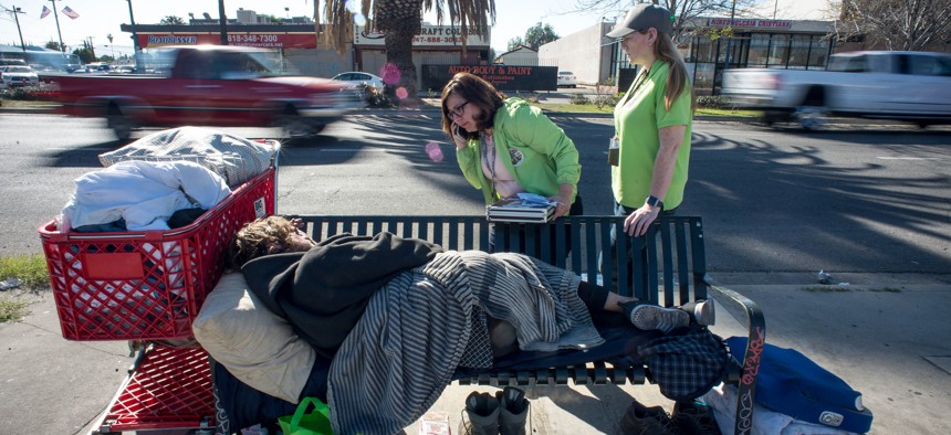 States are starting to recognize that mental health care can help to reduce the homeless population. In Los Angeles, a psychiatric social worker tries to get a doctor's appointment after a man sleeping on a bench asks for help.