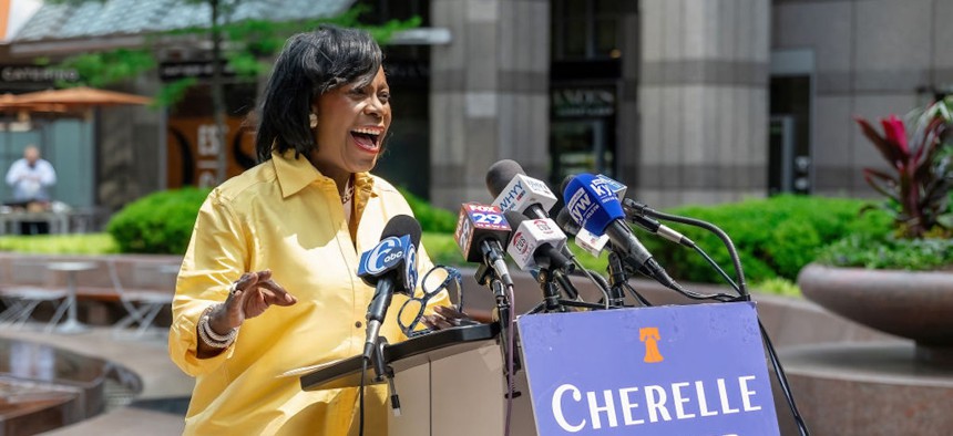 Cherelle Parker is seen during her first press conference after winning the Democratic nomination for mayor in Philadelphia on May 22, 2023 in Philadelphia. Parker was elected as the city’s 100th mayor and the first to be a woman.