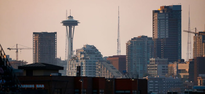 Part of the downtown Seattle skyline, including the Space Needle, is seen July 30, 2018, in Seattle, Washington.