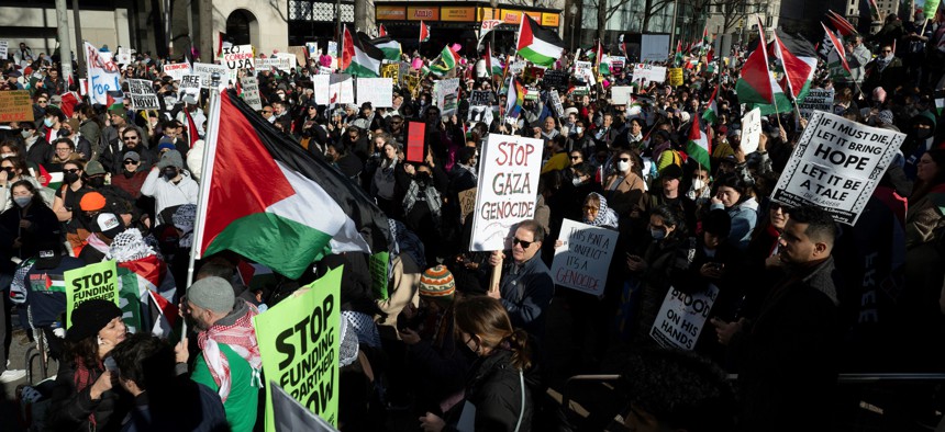 Protesters rally during the "March on Washington for Gaza" in Washington, DC, on January 13, 2024. 