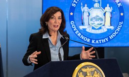 New York Gov. Kathy Hochul speaks during announcement for the creation of a Joint Security Operations Center at MetroTech Commons. Operation Center was created for mitigate potential cyber attacks and for collaboration from all relevant state and local agencies. 