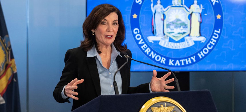 New York Gov. Kathy Hochul speaks during announcement for the creation of a Joint Security Operations Center at MetroTech Commons. Operation Center was created for mitigate potential cyber attacks and for collaboration from all relevant state and local agencies. 