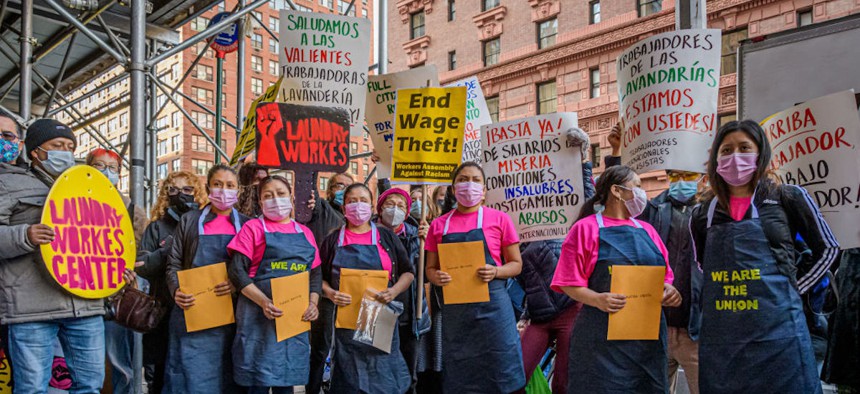 Laundromat workers at Wash Supply in Manhattan walk out the job to protest the current working conditions, including wage theft and abuses of labor law on Nov. 24, 2020. 