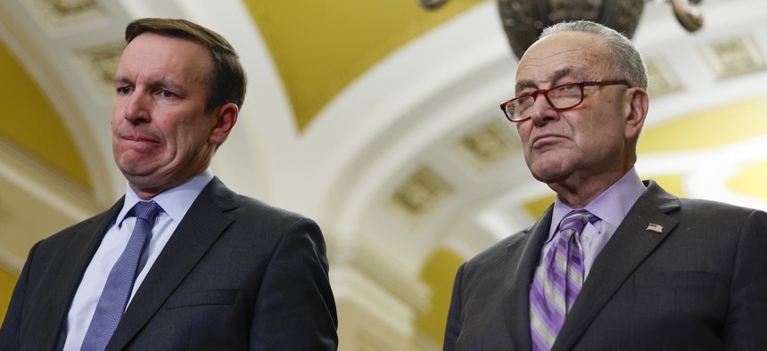 Connecticut Sen. Chris Murphy and Democratic Senate Majority Leaders Chuck Schumer speaking at a news conference about Senate Republicans lack of support for the bipartisan Senate immigration legislation. 