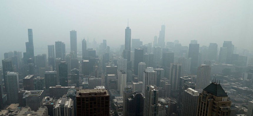 Chicago's skyline is seen from the 360 Chicago Observation Deck of the John Hancock Building with heavy smoke from the Canadian wildfires blanketing the city, on June 27, 2023, in Chicago, Illinois.