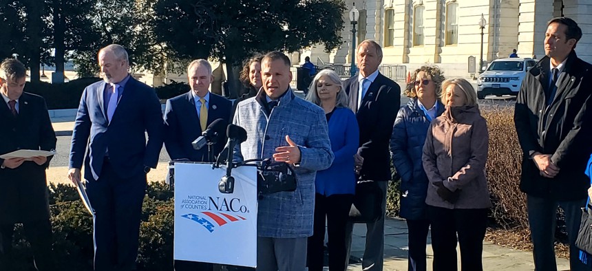 New York Rep. Marc Molinaro speaking about funding for the American Connectivity Program with county officials at a press conference outside the U.S. Capitol building on Tuesday, Feb. 13, 2024.