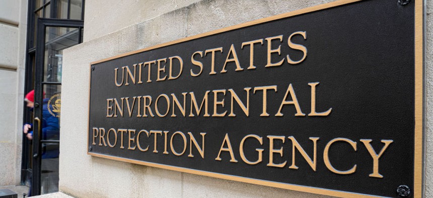 A bronze sign marks an entrance to the US Environmental Protection Agency headquarters building on Jan. 30, 2024, in Washington, DC.