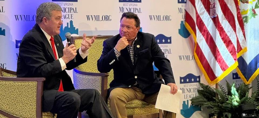 Mac Warner (left) speaking at the West Virginia Municipal League's mid-winter conference in Feb. 11, 2024. 
