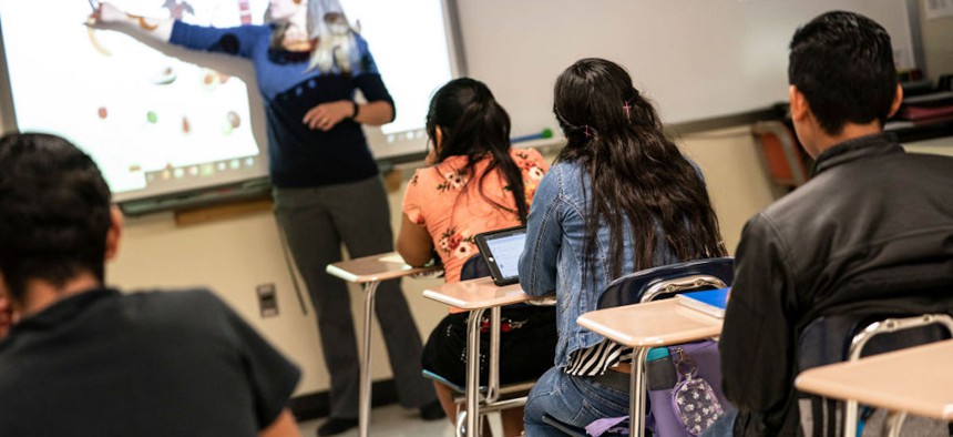 Students engage in a vocabulary lesson at Worthington High School in Worthington, Minnesota, on Sept. 5, 2019. 