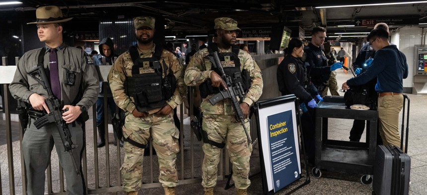 New York State Police and the New York National Guard patrol and conduct container inspections at Grand Central Station on March 6, 2024.
