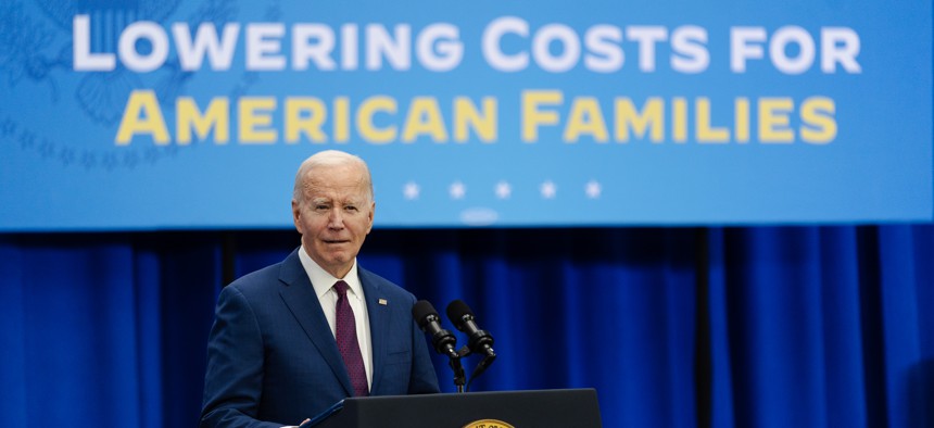 President Joe Biden speaks during an event about lowering costs for American families on March 11, 2024, in Goffstown, New Hampshire.