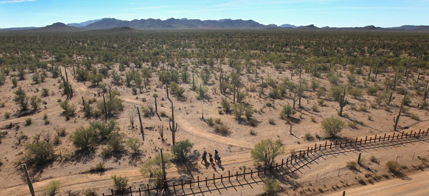 Border fence in a remote area of the Sonoran Desert on December 9, 2010 in the Tohono O'odham Reservation, Arizona