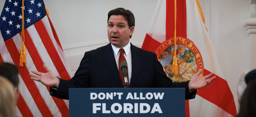 Florida Gov. Ron DeSantis speaks during a news conference on February 05, 2024 in Miami Beach, Florida. 