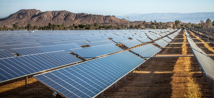 Industrial scale photovoltaic solar field installation in Rosamond, Kern County, California.