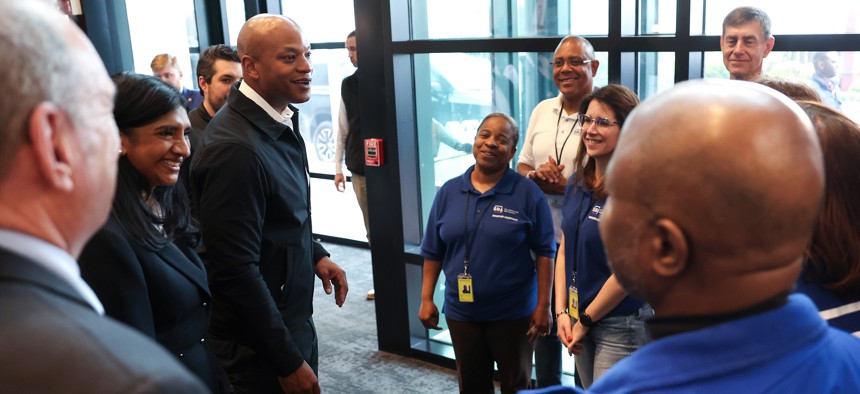 Maryland Gov. Wes Moore visits with workers at the Small Business Administration’s Business Recovery Center on April 02, 2024 in Baltimore, Maryland. 