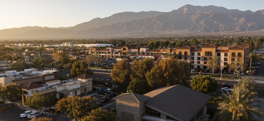 Sunset aerial view of the urban core of downtown Rancho Cucamonga, California.