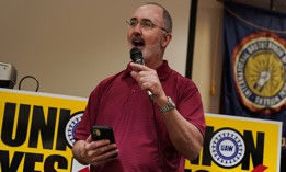 United Auto Workers (UAW) President Shawn Fain speaks at a UAW vote watch party on April 19, 2024 in Chattanooga, Tennessee. With over 51% of workers voting yes the UAW won the right to form a union at the plant. 