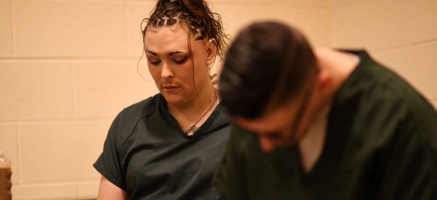  Inmates are discussing self-sabotage with Anastasia Romero from Denver Health's jail-to-community program at Van Cise-Simonet Detention Center in Denver, Colorado on Aug. 3, 2023.