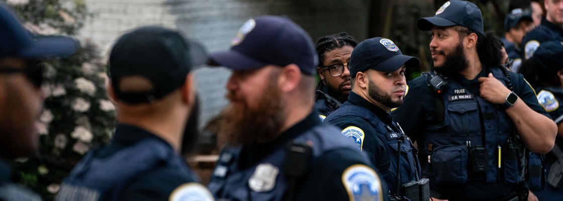 Law Enforcement after clearing out a Pro-Palestinian encampment at George Washington University's University Yard on May 8, 2024 in Washington, D.C.
