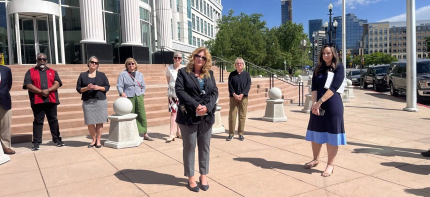 Renée Pinkney, president of the Utah Education Association speaks at a news conference after filing a lawsuit against the Utah Fits All Scholarship program at the Scott Matheson Third District Courthouse in Salt Lake City on May 29, 2024.