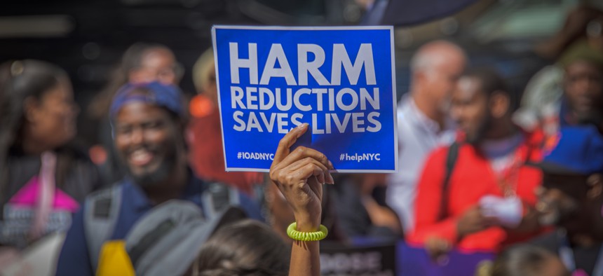 Protestor seen holding a sign during a demonstration in New York City on International Overdose Awareness Day last August.