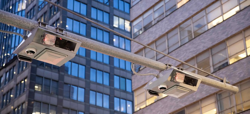 License plate reading cameras for congestion pricing installed over Lexington Avenue on December 18, 2023 in New York City. Cars entering Manhattan south of 60th Street during peak periods were to be charged a toll of up to 15 dollars per day.