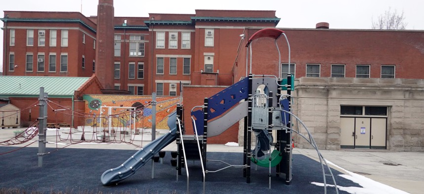 The Chicago Teachers Union wants to bring the school district’s aging infrastructure into the 21st century. Chicago’s school campuses are on average more than 80 years old, twice the national average. Here,  Unused playground equipment sits outside of Burr Elementary School on January 25, 2021 in Chicago, Illinois. 