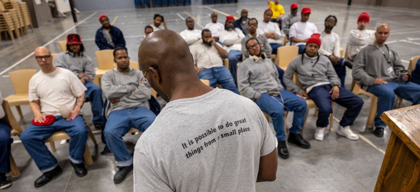 Maximum security inmates prepare to compete in a chess tournament held in the Lansing Correctional Facility on April 18, 2023, in Lansing, Kansas. Incarcerated individuals at the prison took part in the U.S. Chess Federation sanctioned tournament, an initiative designed to foster cognitive rehabilitation through chess. It looks to teach individuals strategic planning skills needed to be successful on release from incarceration. 