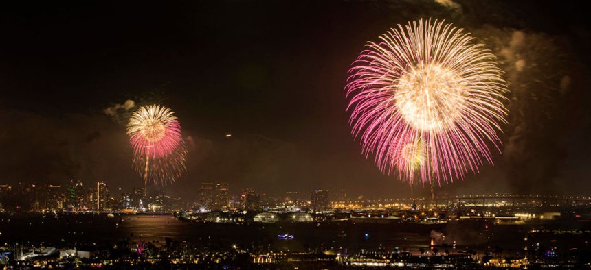 Fireworks explode over San Diego, California, on July 04, 2023.