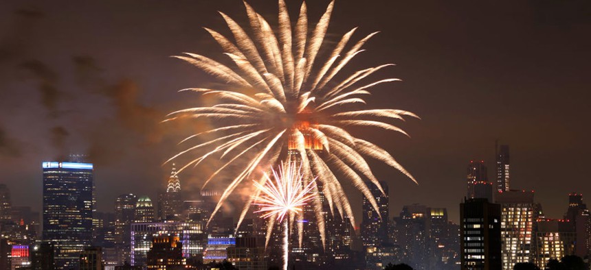 Fireworks seen in front of the Empire State Building on June 5, 2024, as seen from Jersey City, New Jersey.