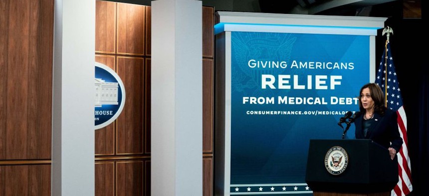 U.S. Vice President Kamala Harris delivers remarks on medical debt in the South Court Auditorium of the White House on April 11, 2022, in Washington, DC. 