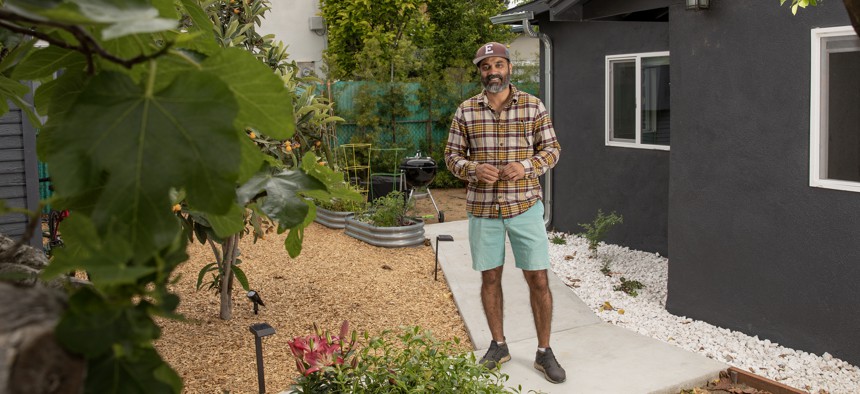 Lali Grewal is pictured outside his accessory dwelling unit in the Elysian Valley neighborhood of Los Angeles.