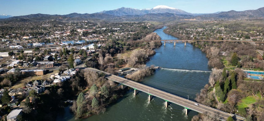 An aerial photo shows bridges crossing the Sacramento River on February 23, 2024, in Shasta County, California.