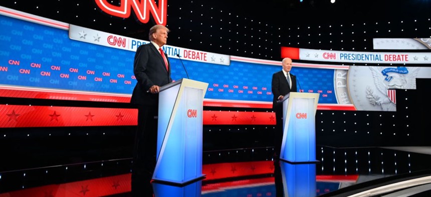 President Joe Biden and former President Donald Trump participate in the first Presidential Debate at CNN Studios in Atlanta, Georgia, on June 27, 2024.