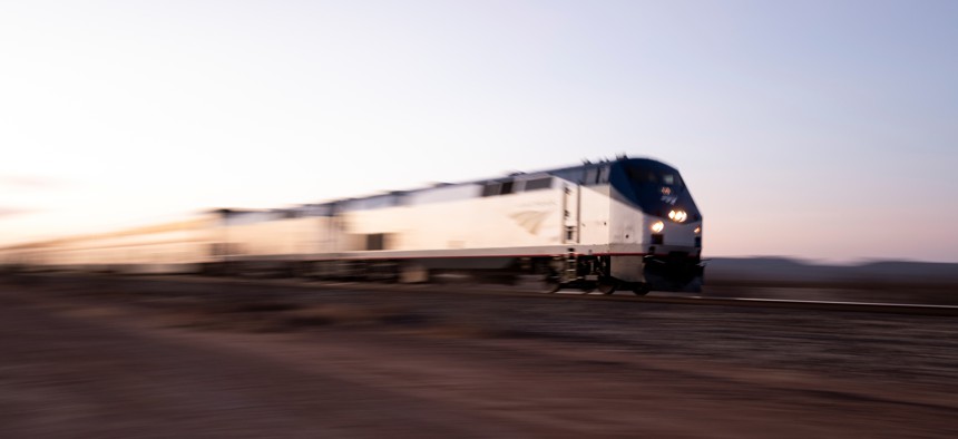 An Amtrak passenger train speeds by near Valentine, Texas on Saturday, April 10, 2021.