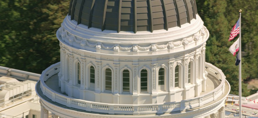 Aerial view of the dome of the California State Capitol building.