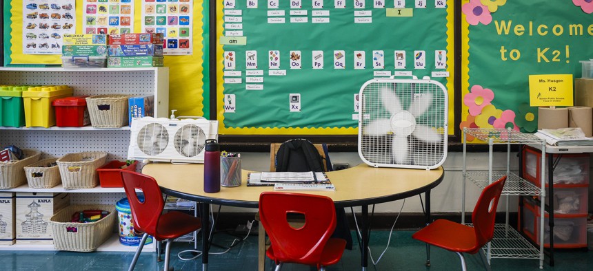 Fans are seen in a classroom at the James Otis Elementary School in East Boston on September 8, 2023.