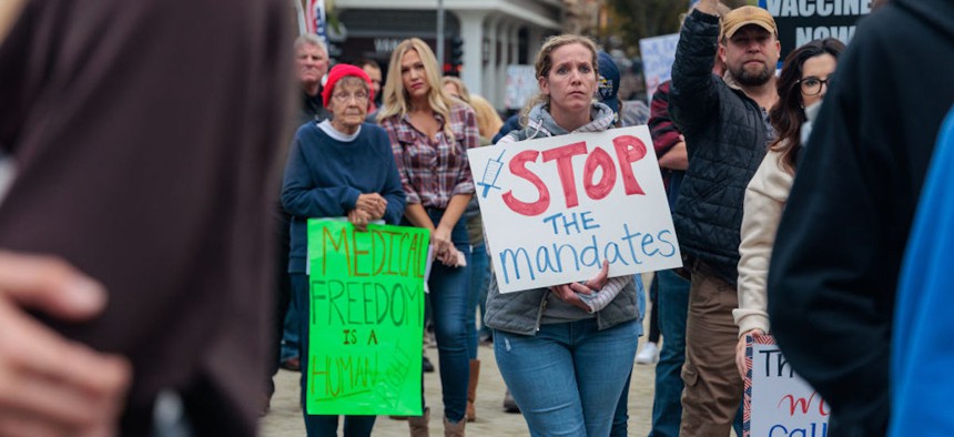 Thousands take to the California State Capitol steps in Sacramento to protest the COVID-19 vaccine mandate for students on Nov. 15, 2021. 