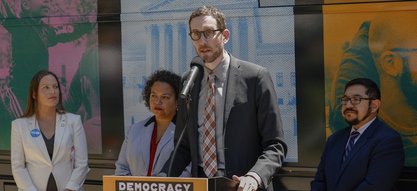 California State Sen. Scott Wiener speaks at an event last year. Wiener is the driving force behind a bill regulating AI in the California legislature.