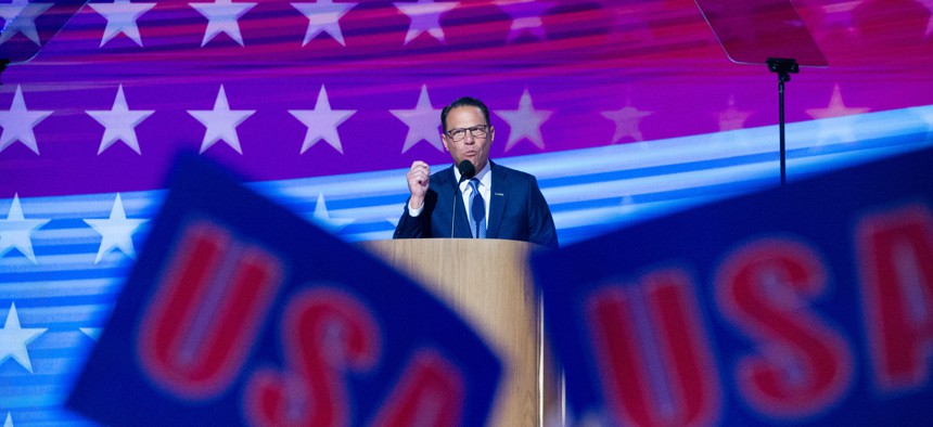 Pennsylvania Gov. Josh Shapiro speaks during the Democratic National Convention at the United Center in Chicago. 