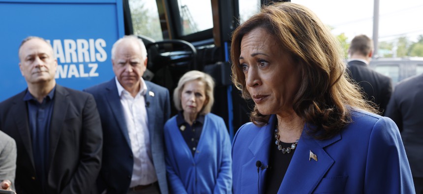 Democratic presidential candidate, U.S. Vice President Kamala Harris speaks to reporters outside of Primanati Bros. Restaurant on August 18, 2024 in Moon Township, Pa.