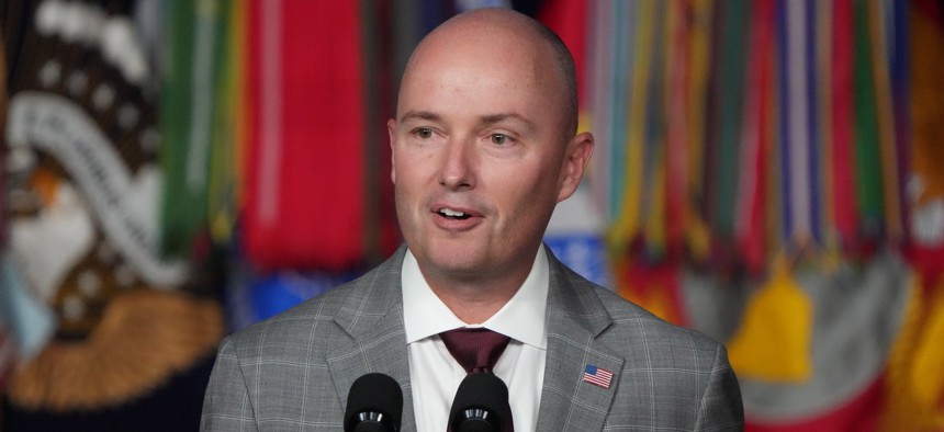 Utah Gov. Spencer Cox speaks at an event earlier this year. Cox is one of several governors to sign social media regulations into law in a bid to protect their state's children.