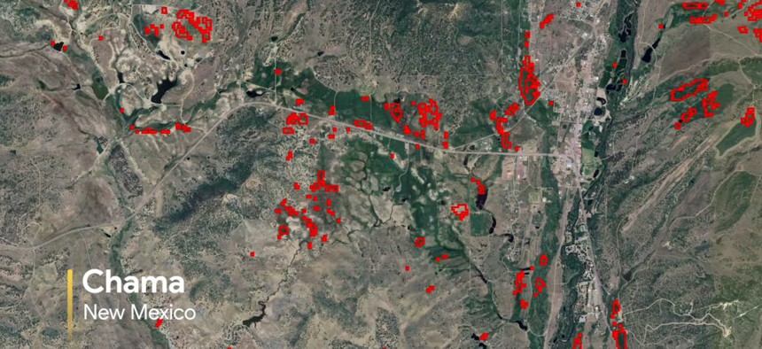 A satellite image using AI monitoring shows potential anomalies with the water supply in Chama, New Mexico, which could indicate infrastructure breaks or leaks and may need more investigation.